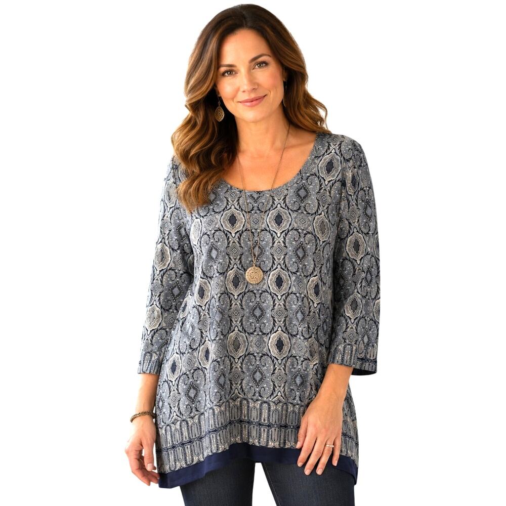 Rose & Olive Medallion Tunic Womens Size 2X Light Blue Black Chiffon Hem Top